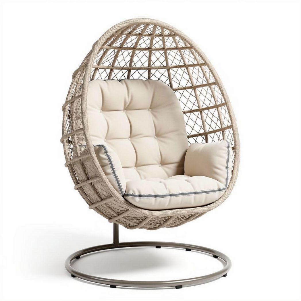 Fauteuil suspendu en rotin avec coussin en tissu beige dimensions 100 x 100 x 120cm