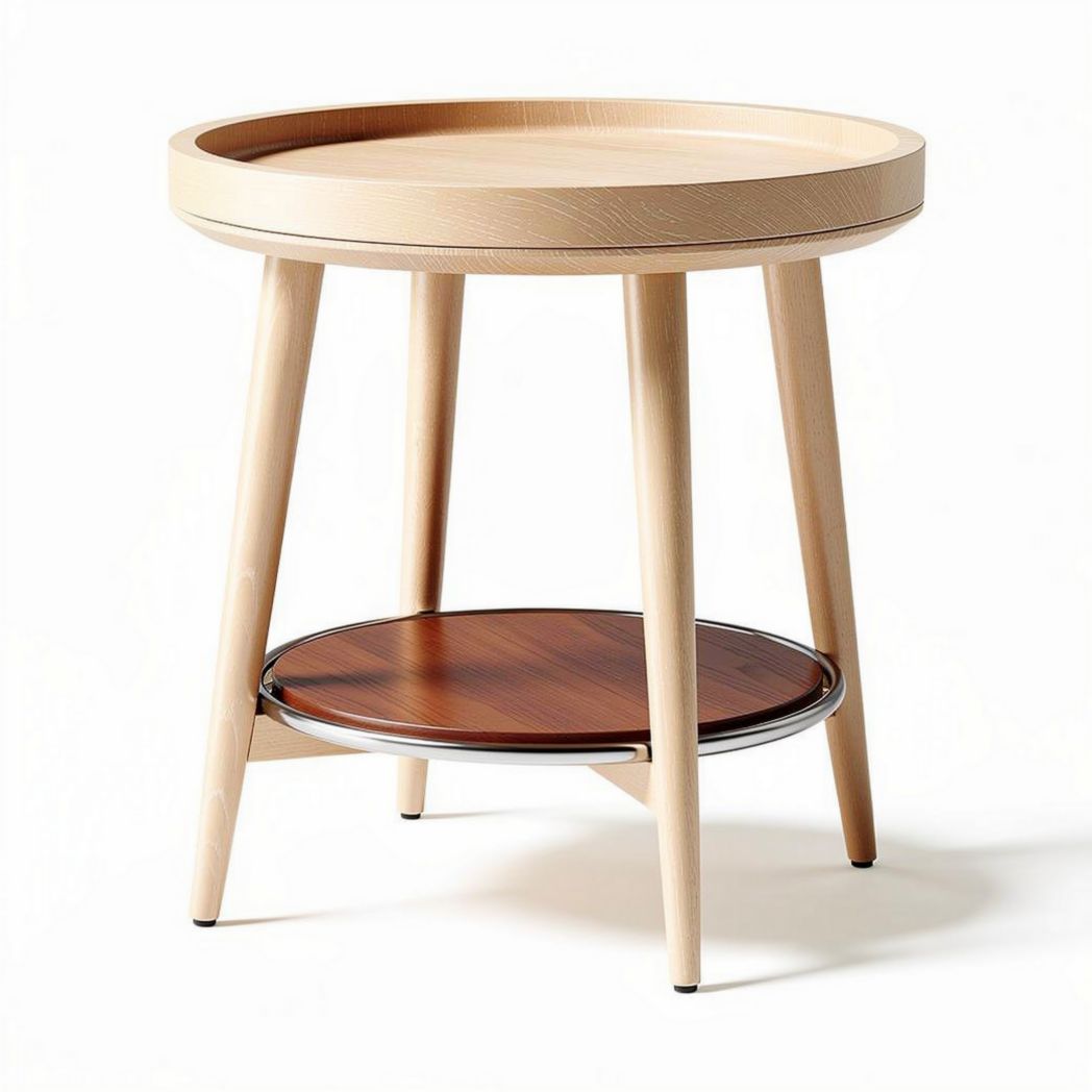 Table d'appoint ronde en bois clair avec étagère inférieure en bois foncé 50 x 50 x 40cm