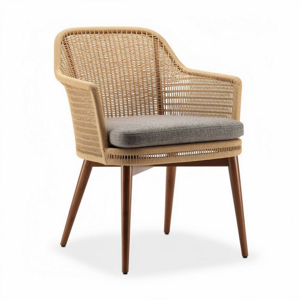 Chaise en rotin tressé avec coussin gris pour jardin 70 x 70 x 80cm