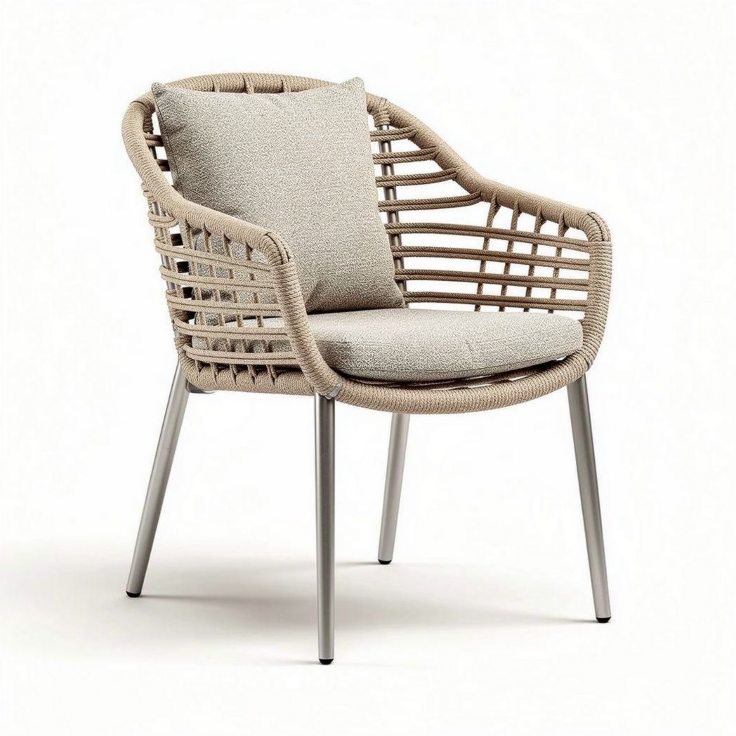 Chaise en rotin tressé beige avec coussin gris dimensions 70 x 70 x 80cm