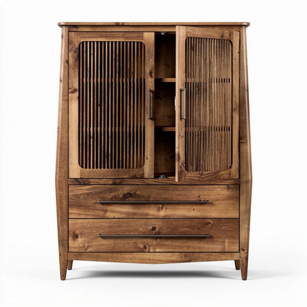 Meuble de rangement en bois avec portes en grille et tiroirs 90 x 45 x 150cm