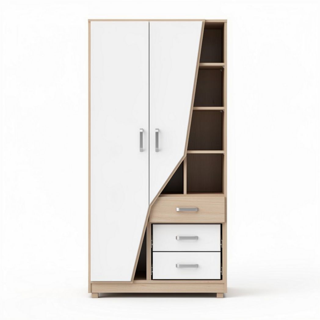 Armoire en bois mélaminé de couleur blanche et chêne 180 x 80 x 40cm avec rangement modulable