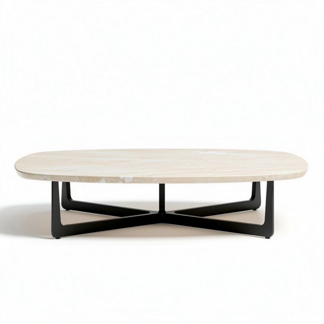 Table basse ovale en marbre naturel avec pieds en métal noir 120 x 80 x 35cm