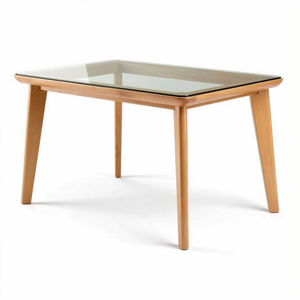 Table en bois clair avec plateau en verre 120 x 80 x 75cm pour salle à manger